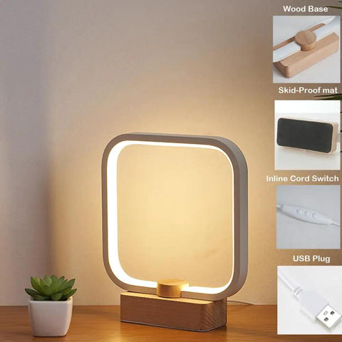 Wood Table Lamp With 3 Color Temperatures Dimmable LED Lighting Bedside Night Light Small Desk Lamp For Living Room And Office Cozy Modern Home Decor And Warm Ambience with wood base, USB plug, and inline switch.