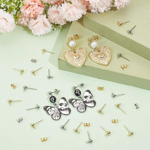 Hypoallergenic Stainless Steel Ball Earring Posts Kit With 100 Ball Posts And 100 Ear Nuts Two Color Stainless Steel Earring Posts Includes Butterfly Backs And Loop Connectors For Jewelry Making DIY, gold and silver