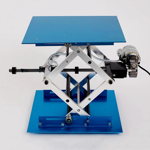 Compact Electric Lifting Platform With Remote Control Adjustable Lab Stand, blue aluminum design, showing detailed lifting mechanism.