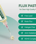 No Clean Solder Flux Paste 10G For Electronics Repair High Activity Rosin Formula That Eats Oxide Push Style Flow For Smoother Solder Low Residue Great For BGA And SMD PCB Work demonstrated with checklist of features like lead-free, rosin flux, and halogen-free.