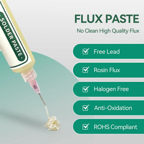 No Clean Solder Flux Paste 10G For Electronics Repair High Activity Rosin Formula That Eats Oxide Push Style Flow For Smoother Solder Low Residue Great For BGA And SMD PCB Work demonstrated with checklist of features like lead-free, rosin flux, and halogen-free.