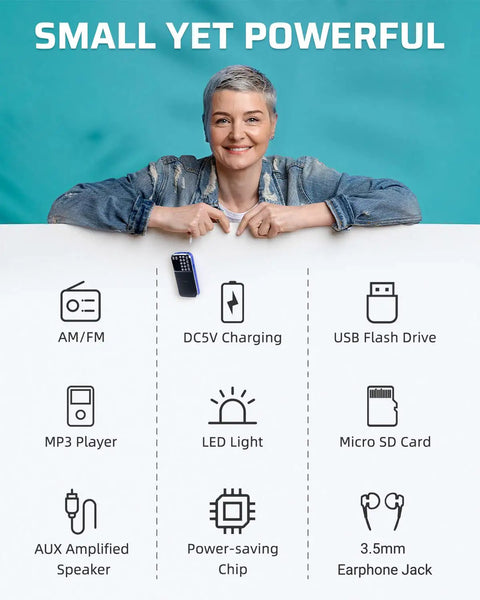 Bluetooth AM FM Portable Radio With Dual Speakers And Heavy Bass LED Flashlight Tiny Pocket Size features and smiling person