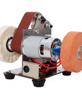 Amzxplore Mini Belt Sander With Seven Speed Adjustments And Knife Sharpener Includes 20 Sanding Belts Compact Bench Grinder Polisher for smoothing wood and metal.