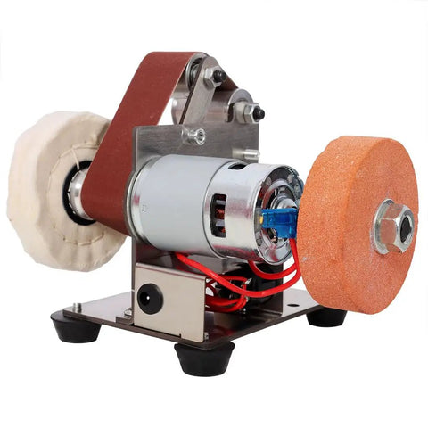 Amzxplore Mini Belt Sander With Seven Speed Adjustments And Knife Sharpener Includes 20 Sanding Belts Compact Bench Grinder Polisher for smoothing wood and metal.
