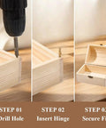 Three-step process installing Hidden Brass Barrel Hinges 5mm Set Of 30 Pcs on a wooden box; drill, insert, secure.
