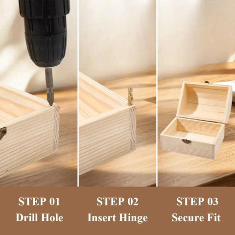 Three-step process installing Hidden Brass Barrel Hinges 5mm Set Of 30 Pcs on a wooden box; drill, insert, secure.