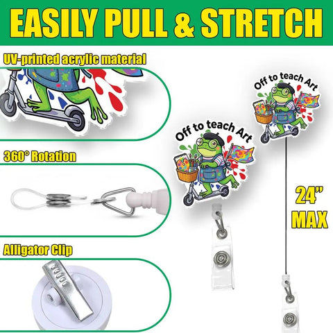 Off To Teach Art Teacher Badge Reel With Funny Frog Meme Design, Artist Badge Holder Featuring Paint Palette, Brushes, And Artsy Clip For Teachers, Professors, And Students, Great Gift For Art Class Lovers. 2x2 in acrylic badge reel with 24-inch cord and alligator clip