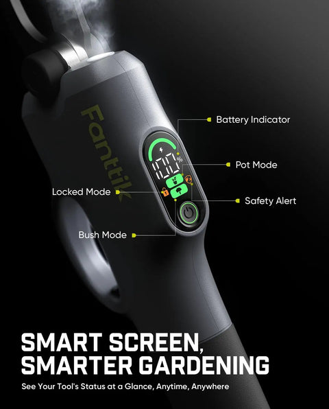 Y10 Pro Cordless Electric Pruning Shears With Brushless Motor LED display showing modes and battery indicators