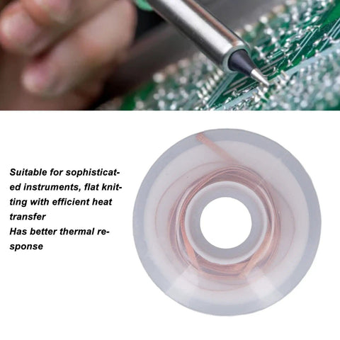 Five Piece Must Have Premium Tin Solder Wick Kit With High Efficiency Flat Braided Design For PCB Circuit Boards And Electronics Repair Red Copper Material For Fast Absorption And Precise Solder Removal showing copper braid and soldering iron on PCB