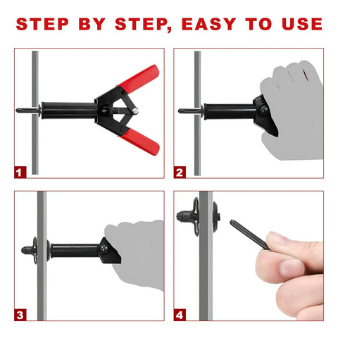 Heavy Duty Rivet Gun Kit For Auto Jobs, 31 Piece Hand Riveter Set With 3 Size Blind Rivets, Steel Construction, Deep Reach Head For Tight Spots, Pro Grade Car Door Panels And Automotive Fastening step-by-step use