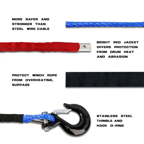Beefy Synthetic Winch Rope 3/8 Inch By 100 Feet With Protective Sleeve And Heavy Duty Hook, showcasing features, red sleeve, and hook.