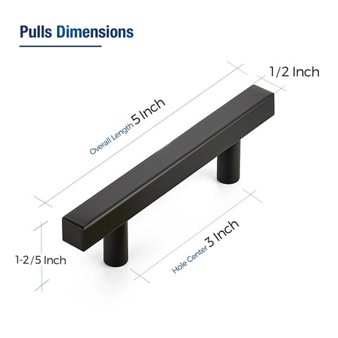 Matte Black Square Cabinet Handles 30 Pack Stainless Steel Pulls For Kitchen And Drawers, 5 Inch Overall Length, diagram showing dimensions