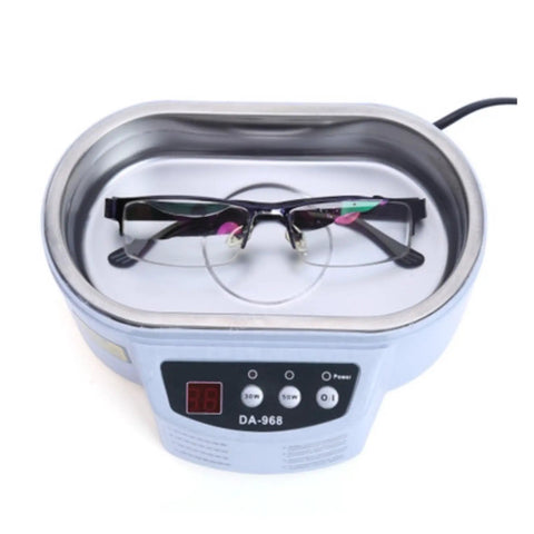 Dope Portable Digital Ultrasonic Cleaner 50W Dual Frequency Tub washes glasses in compact machine with control panel.