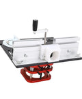 Shop Ready Router Table Base With 51mm Stroke Manual Lift For 64 To 66mm Motors with red base and adjustable lifting mechanism.