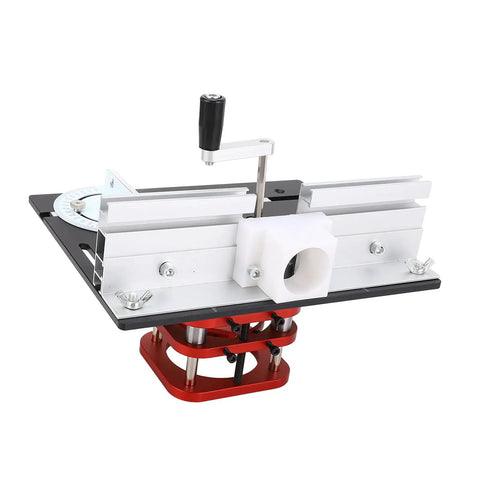 Shop Ready Router Table Base With 51mm Stroke Manual Lift For 64 To 66mm Motors with red base and adjustable lifting mechanism.