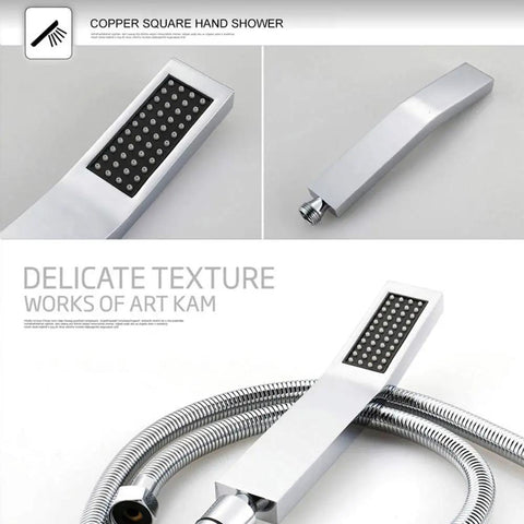 Badass Wall Mounted LED Shower System With Copper Faucet And 43Cm Canopy Featuring Six Mode Spray Settings Rust Proof Silver Finish Smooth Thermostatic Valve Game Changer Build - Copper square hand shower with delicate texture.