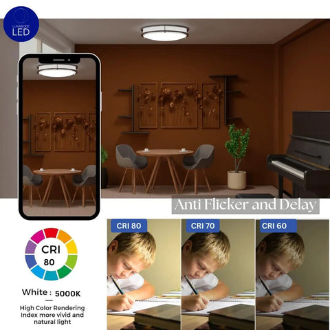 Room with Double Ring LED Flush Mount Ceiling Light No-Fuss, 1800 Lumens Warm 2700K, modern decor and color comparison chart