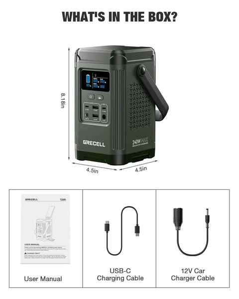 T200 Portable Power Station 240W Green for Camping shown with user manual, USB-C and 12V car charger cables