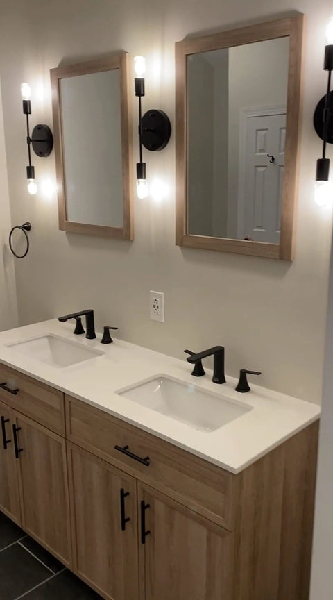Bathroom with double sink and Industrial Black Vanity Light Fixtures For Bathroom Hardwired Farmhouse Wall Sconce 2 Pack Modern Rustic Style.