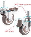 Mini 1 Inch Swivel Threaded Stem Casters M6x15mm With TPE Quiet Wheels Chrome Plated Steel Frame Heavy Duty 99 Lb Capacity, with brake