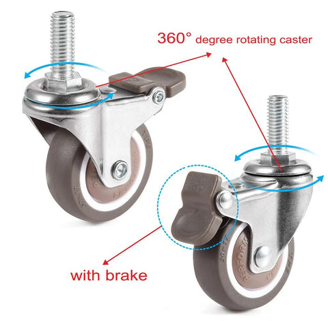 Mini 1 Inch Swivel Threaded Stem Casters M6x15mm With TPE Quiet Wheels Chrome Plated Steel Frame Heavy Duty 99 Lb Capacity, with brake