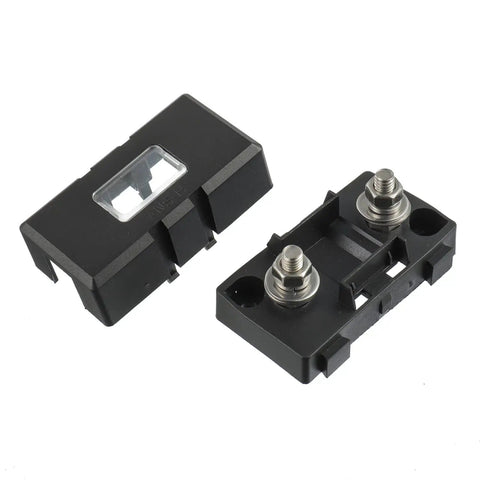 Beefy M5 Bolt On Midi Fuse Holder For Hot Rod And Daily Driver Wiring Rigging Splashproof Pa66 Shell Gutsy 30 To 200 Amp Draw Road Ready Smooth Hex Nut Fasteners Pack Of Two view showing two black fuse holders.