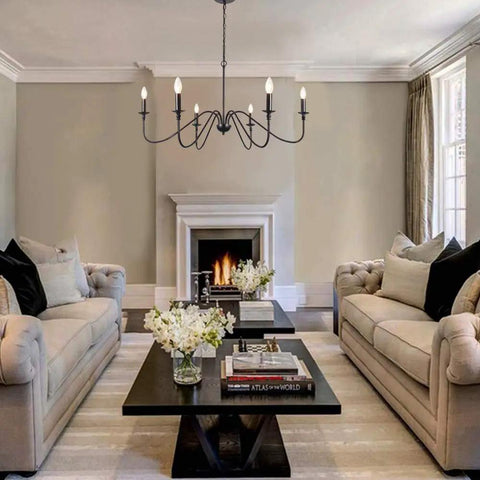 Six Light Wrought Iron Farmhouse Pendant Chandelier With Classic Candle Style for living room, black matte finish, easy install
