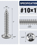 #10 x 1 inch stainless steel self tapping screw with Phillips pan head specifications and dimensions.