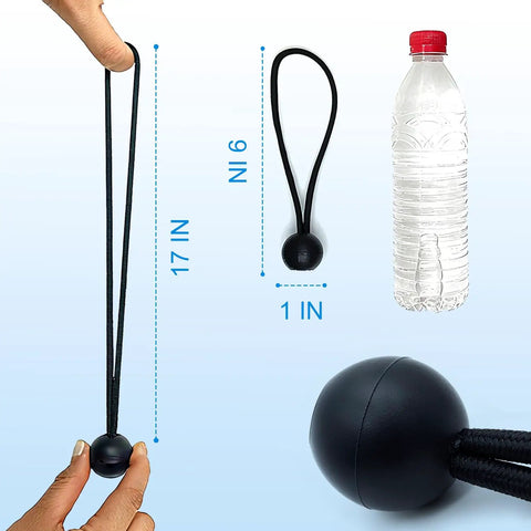 9 Inch Ball Bungee Cords Heavy Duty Tie Down Kit for securing outdoor gear next to water bottle for scale, 9 to 17 inch stretch