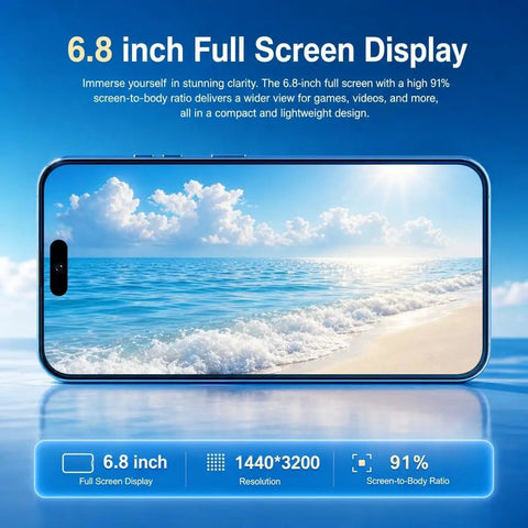 Built Different 5G Unlocked Smartphone Running Android 15 With 8GB RAM Plus 256GB Internal Storage And A Crisp 6.8 Inch HD Punch Hole Display showcasing a 6.8 inch full screen.