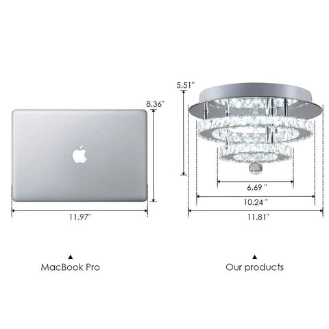 Crystal Chandeliers Modern Round Flush Mount LED Ceiling Light With K9 Crystals Chrome Finish next to MacBook Pro for size comparison
