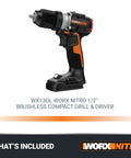 Nitro 20V Cordless Drill Driver With Brushless Motor Ultra Compact And Lightweight Only Six Inches Long And About Three Pounds Power Share Compatible Tool Only Half Inch Chuck Delivers Up To Five Hundred Inch Pounds Of Torque And Zero To Two Thousand One, side view