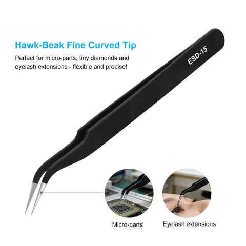 Three-Piece Precision Tweezers Set With Fine Straight Tip, Fine Curved Tip, And Flat Round Tip, Upgraded ESD Safe Anti-Static Crafting Tweezers For Electronics, Jewelry, And Detailed Work, Hand-Polished For Next-Level Accuracy. black fine curved tip tweezers for micro-parts and eyelash extensions