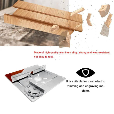 Heavy Duty Aluminum Router Table Insert Plate Set For Woodworking Benches clear scale with wood shavings and trimmings shown.