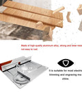 Rock Solid Aluminum Router Table Insert Plate Set Heavy Duty Guide Template showing cutting process with wood chips and detailed view.