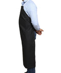 Side view of a person wearing 25 Pack Rubber Vinyl Aprons Large 27W X 42L Waterproof Pro-Grade Halter Bib Aprons For Dishwashing Butcher Lab