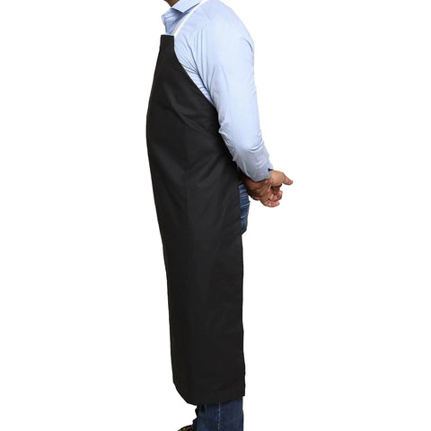 Side view of a person wearing 25 Pack Rubber Vinyl Aprons Large 27W X 42L Waterproof Pro-Grade Halter Bib Aprons For Dishwashing Butcher Lab