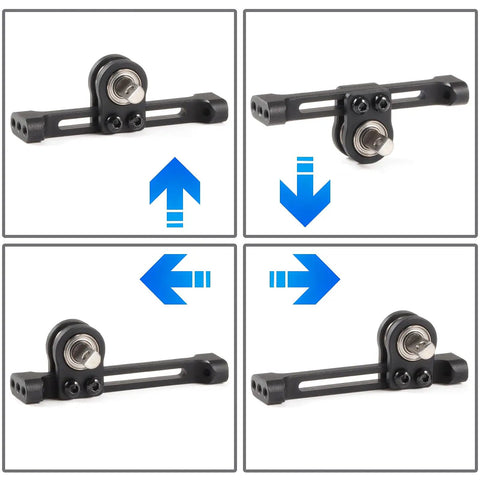 Adjustable Aluminum Carrier Bearing Cross Member For SCX24 One Twenty Fourth Scale Micro Crawler Build Upgrade 35mm Wide With 3mm D Shaped Shaft CNC Machined Lightweight Durable Performance, shown in four adjustable angles.