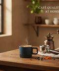 Gotta Love This Ceramic Espresso Cup With A Natural Wood Handle Kickin Up Your Daily Brew Routine While Keeping Things Cool To Touch And Looking Sharp On Any Counter Space, blue ceramic with wooden handle.