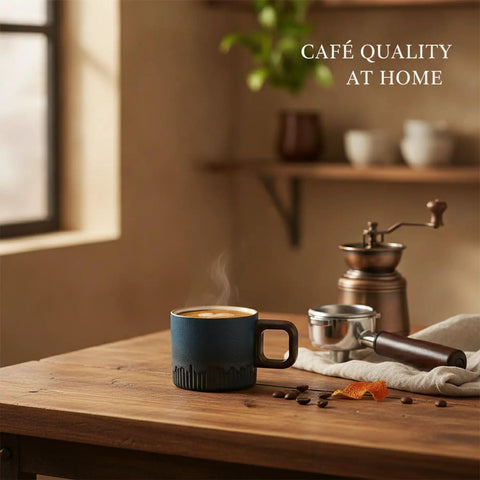 Gotta Love This Ceramic Espresso Cup With A Natural Wood Handle Kickin Up Your Daily Brew Routine While Keeping Things Cool To Touch And Looking Sharp On Any Counter Space, blue ceramic with wooden handle.