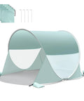 Go To Easy Pop Up Beach Shelter For 1 To 2 People With UPF Fifty Plus UV Protection, green, with sandbags and stakes displayed