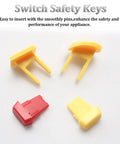 Built Tough Safety Switch Keys For Garage Power Tools And Workbench Rigs Four Piece Lockout Kit, yellow and red keys displayed.