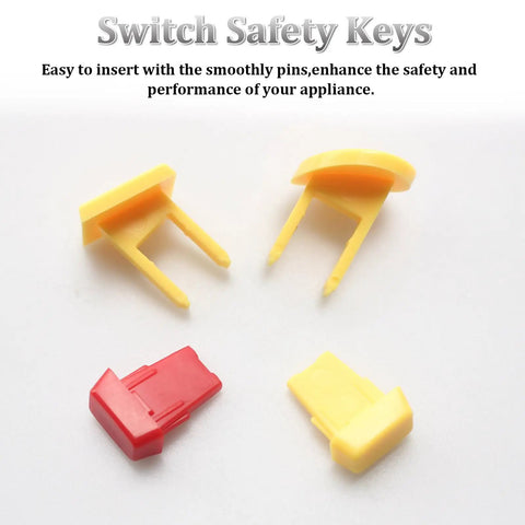 Built Tough Safety Switch Keys For Garage Power Tools And Workbench Rigs Four Piece Lockout Kit, yellow and red keys displayed.