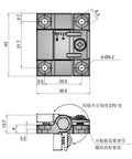 Front and side views of SK2-301 plastic cabinet torque hinge; 1 piece with mounting holes