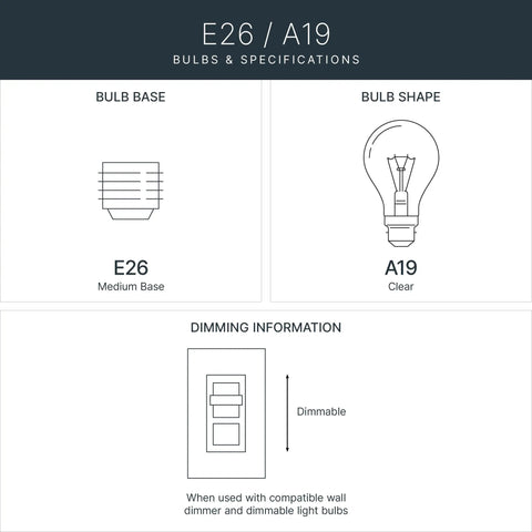 Specifications chart showing E26 medium base, A19 bulb shape, and dimming information for Capanna Outdoor Wall Light In Olde Bronze With Clear Water Glass.