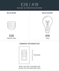 Chart illustrating E26 bulb base and A19 bulb shape specifications for Forestdale 14.75 Inch One Light Outdoor Wall Lantern With Clear Seeded Glass.