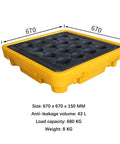 Heavy Duty HDPE Spill Containment Pallet With Anti Slip Tray Odorless Waterproof Platform Easy To Clean Chemical Resistant Spill Tray For Gas Stations And Offices 675x675x150mm with size details