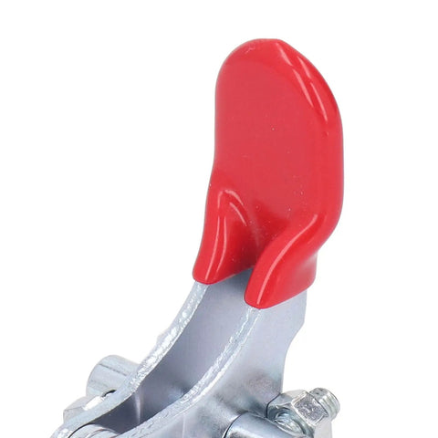 Heavy Duty Toggle Latch Clamp With Adjustable Design For Quick Fixing, Features High Strength Hot Rolled Steel Build To Hold Up To 320KG With Flexible Tension Control For Doors And Gates Without Any Issues. red steel latch clamp with bolt detail