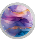 4 Piece Round Cabinet Knobs Rustic Dresser Hardware with crystal glass surface and 3D fluid pattern in purple and blue hues.