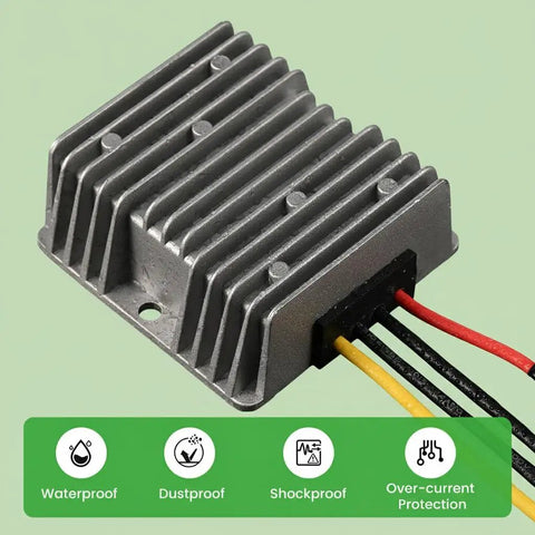 Close-up of High Efficiency 16V-72V to 12V 10A Buck Converter with waterproof, dustproof, and shockproof features.